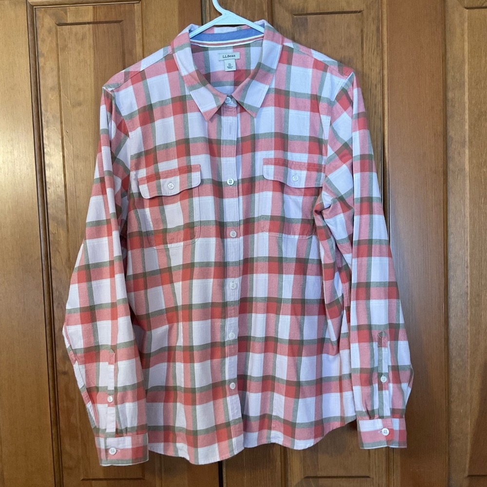 L.L. Bean Women's Rust and Cream Plaid Blouse
